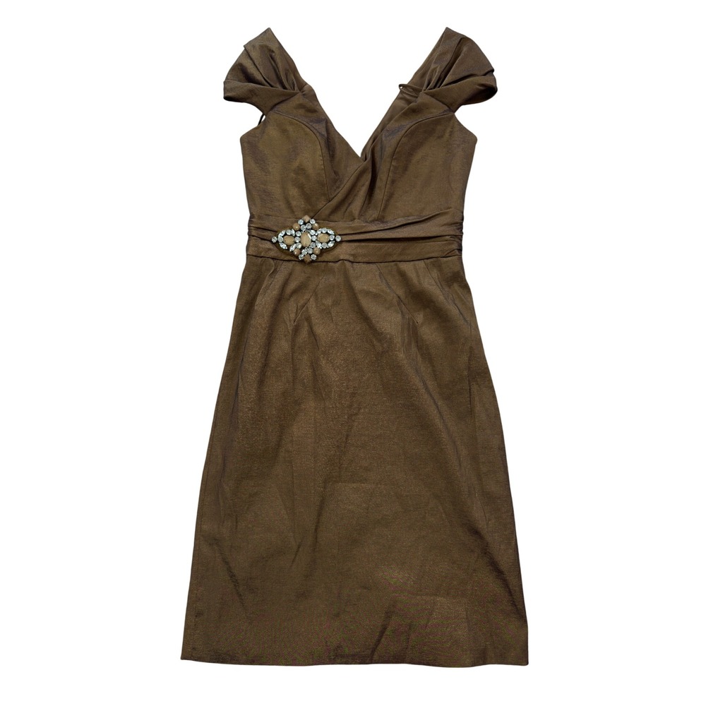 Badgley Mischka Bronze Metallic Crystal Brooch V-Neck Cocktail Dress Size 4 USA